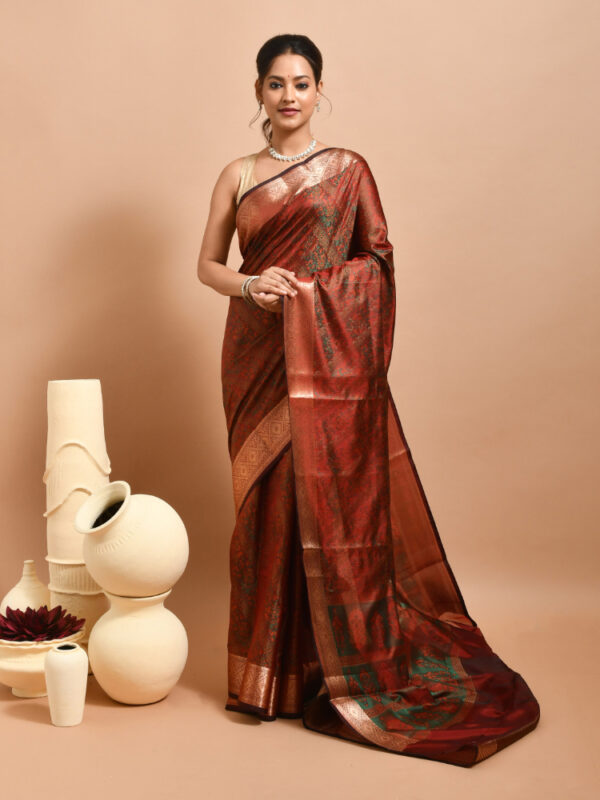Brown Tanchui Design Banaras Semi Silk Saree