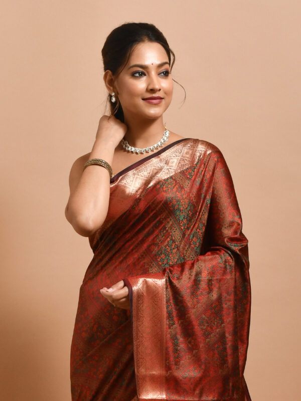 Brown Tanchui Design Banaras Semi Silk Saree - Image 5