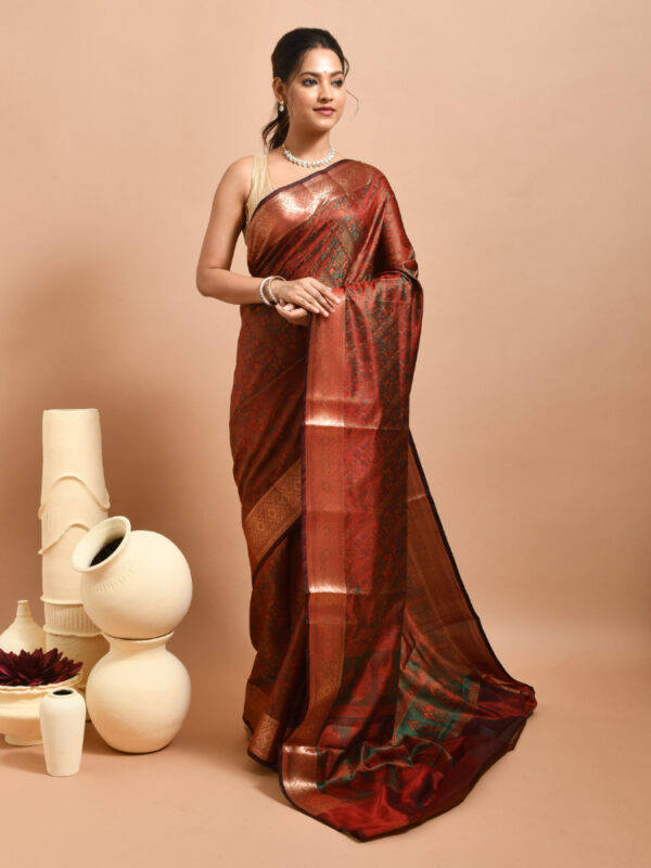 Brown Tanchui Design Banaras Semi Silk Saree - Image 3
