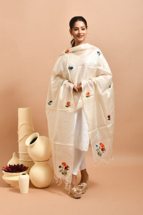 Off-White Pure Silk with Tulip Design Hand Embroidered Dupatta