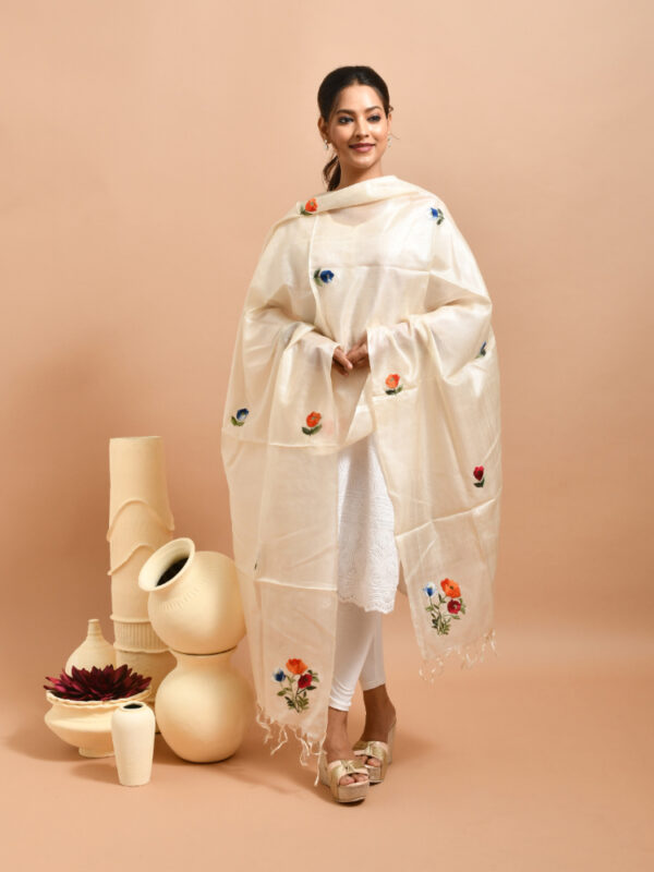 Off-White Pure Silk with Tulip Design Hand Embroidered Dupatta