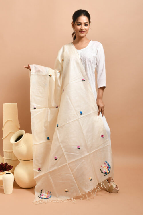 Off-White Pure Silk Rhododendron Design Hand Embroidered Dupatta