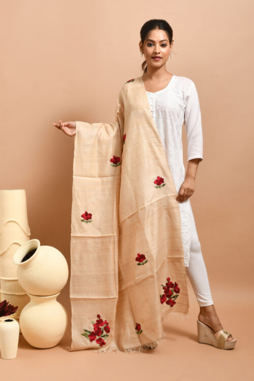 Beige Pure Silk with Poppy Design Hand Embroidered Dupatta