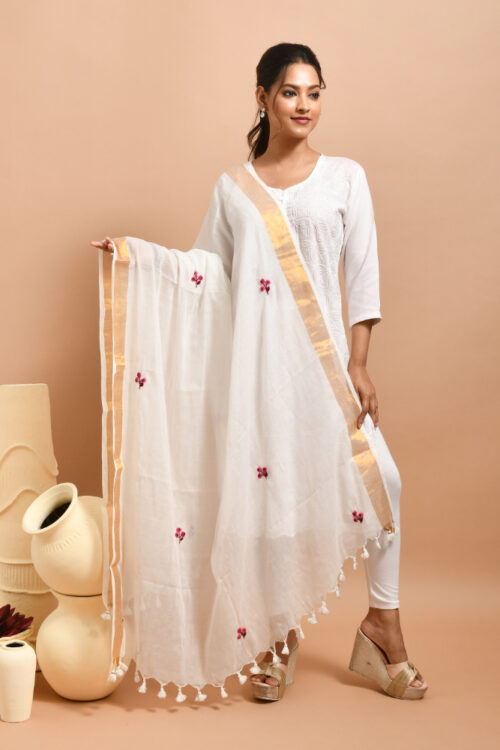 White Pure Cotton Cherry Flower Design Hand Embroidered Dupatta