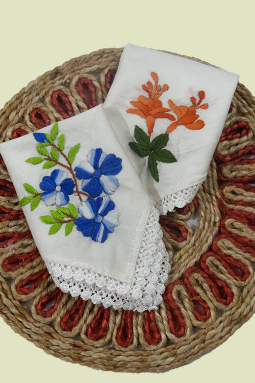 White Pure Cotton Hand embroidered Women’s Handkerchiefs-Blue Daisy and Orange Hibiscus Design-Set of 2