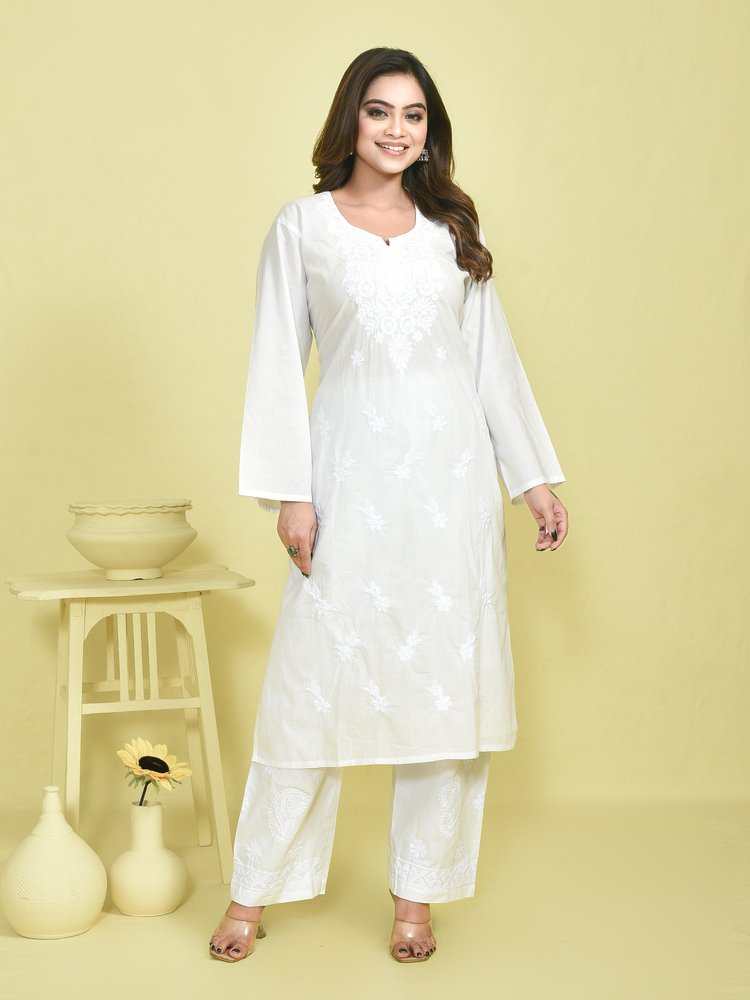 White Hand Embroidered Chikankari Cotton Kurta Set with Matching Pants