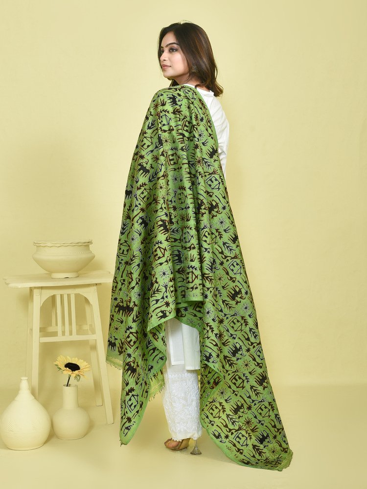 Olive Green Kantha Hand Embroidered Pure Silk Dupatta with Warli Art Design - Image 2