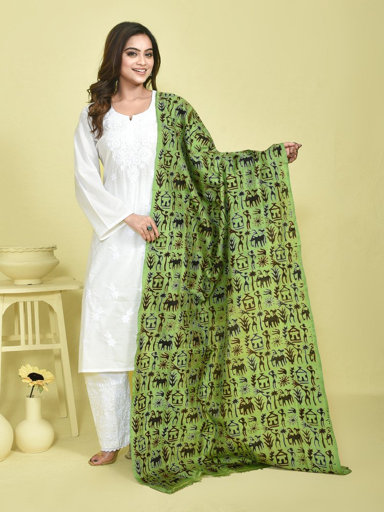 Olive Green Kantha Hand Embroidered Pure Silk Dupatta with Warli Art Design