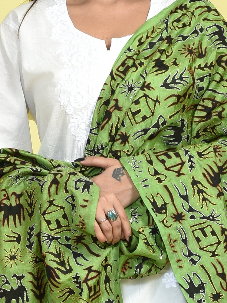 Olive Green Kantha Hand Embroidered Pure Silk Dupatta with Warli Art Design - Image 6