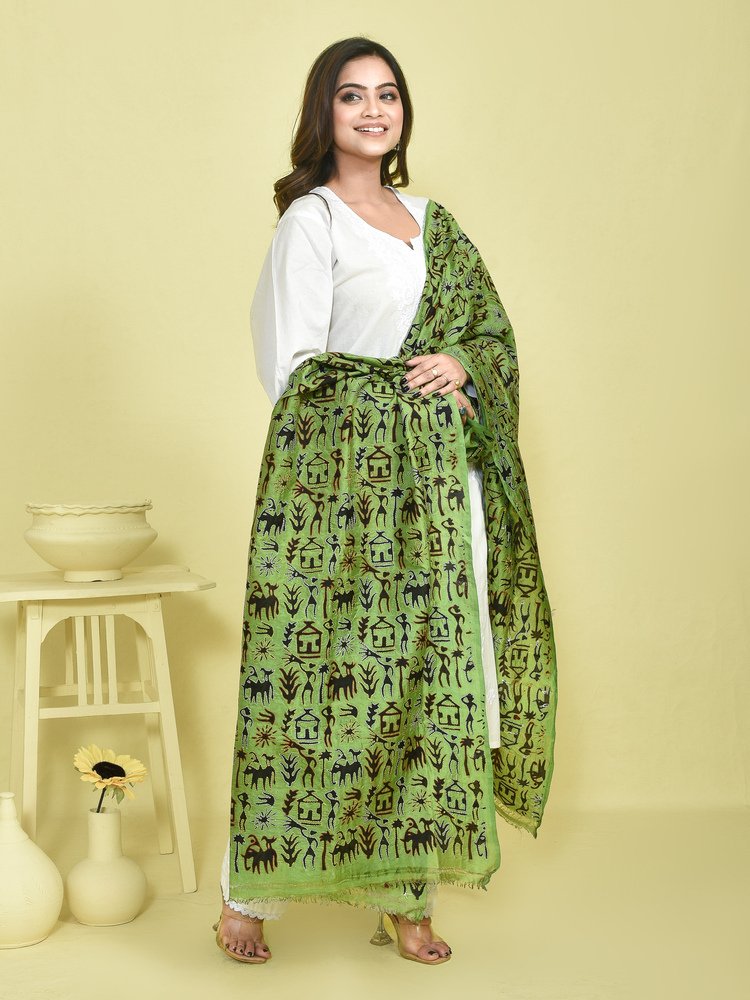 Olive Green Kantha Hand Embroidered Pure Silk Dupatta with Warli Art Design - Image 5