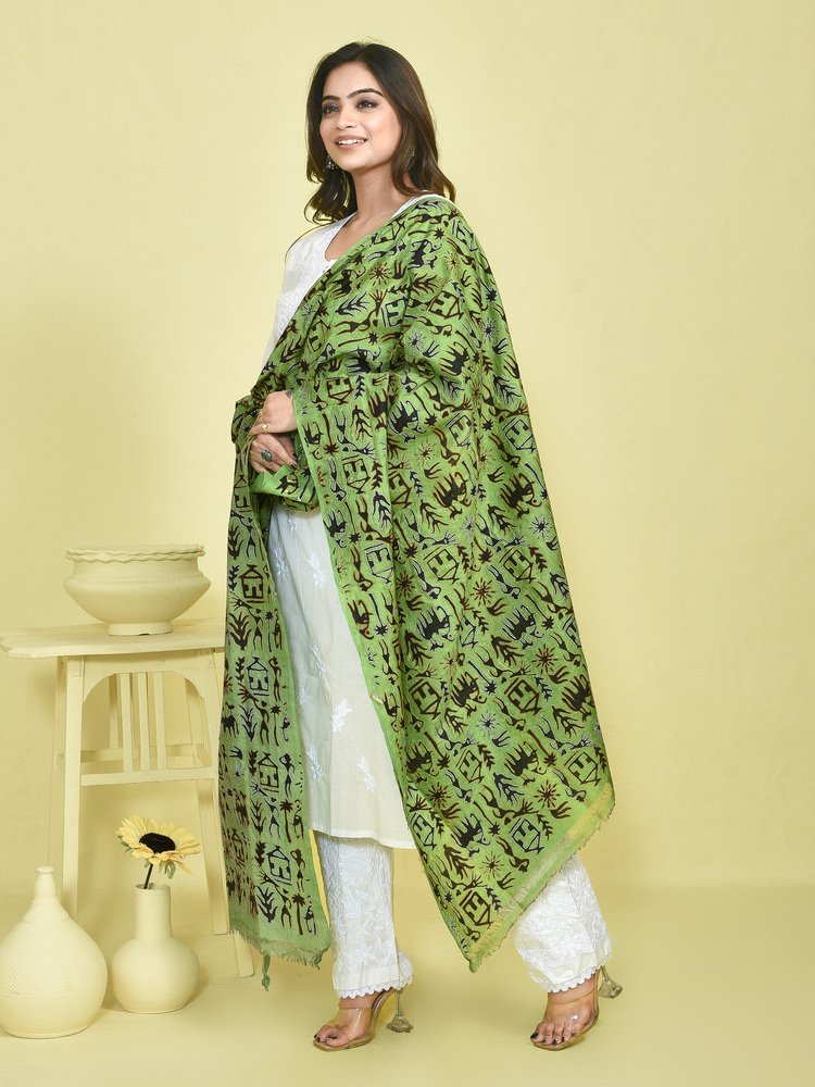 Olive Green Kantha Hand Embroidered Pure Silk Dupatta with Warli Art Design - Image 3