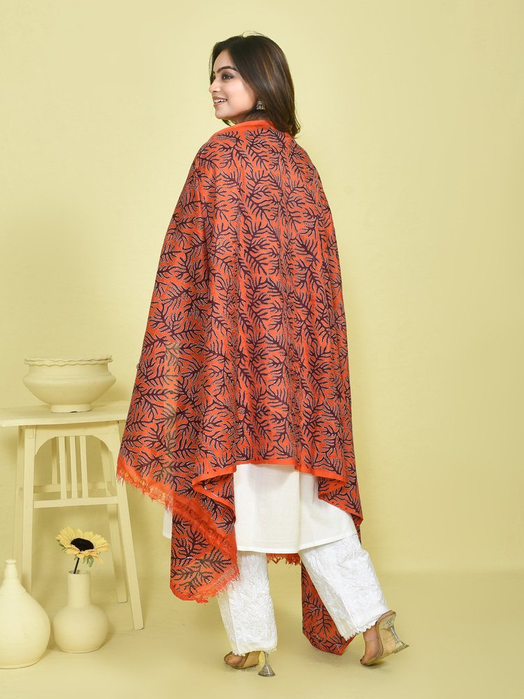 Crimson Red Kantha Hand Embroidered Pure Silk Dupatta with Blooming Floral Design - Image 2