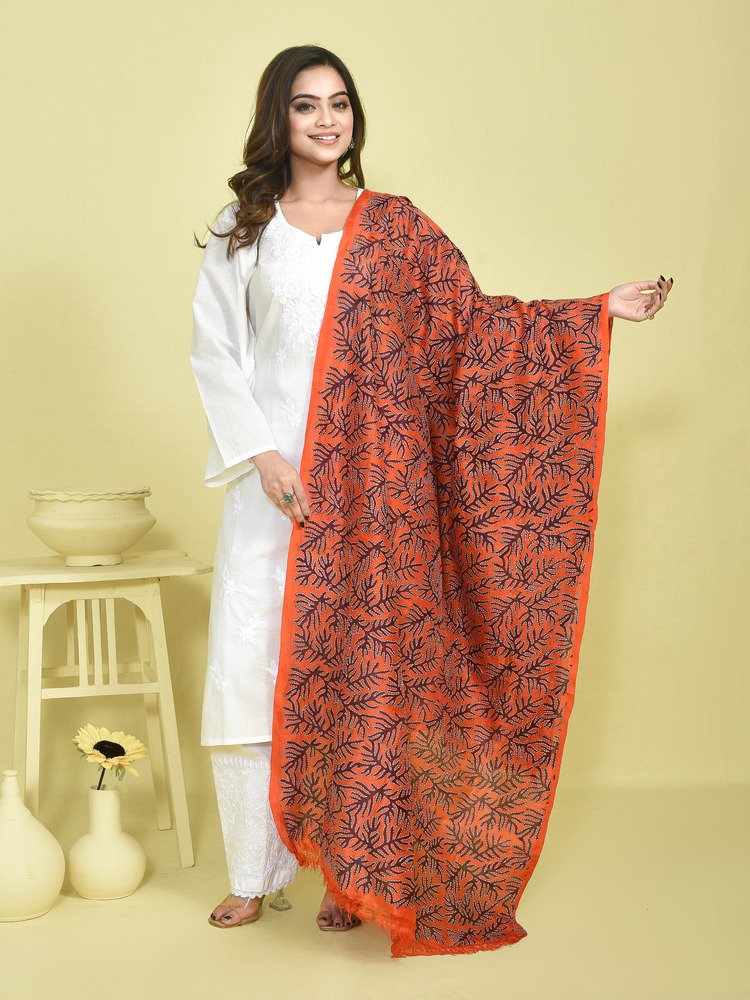 Burnt Orange Kantha Hand Embroidered Pure Silk Dupatta with Botanical Leaf Design