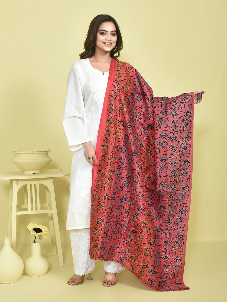 Crimson Red Kantha Hand Embroidered Pure Silk Dupatta with Blooming Floral Design