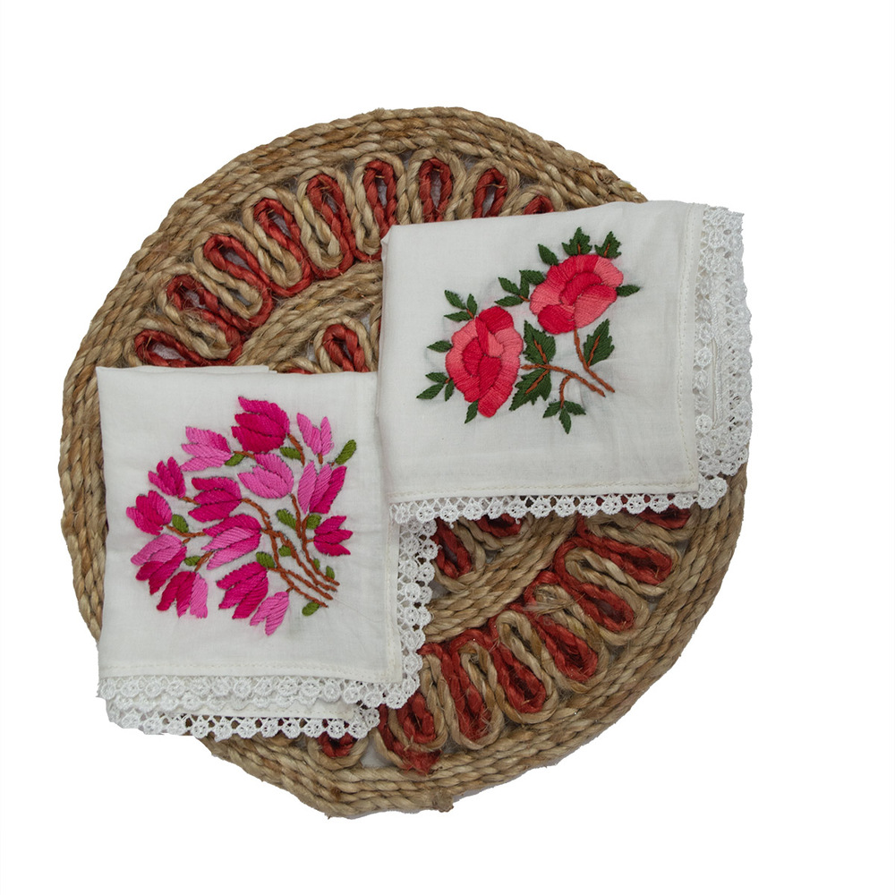 White Pure Cotton Hand embroidered Women's Handkerchiefs-Pink Tulip and Red Rose Design-Set of 2 - Image 2