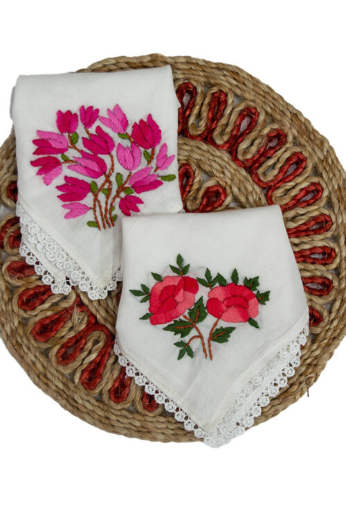 White Pure Cotton Hand embroidered Women’s Handkerchiefs-Pink Tulip and Red Rose Design-Set of 2