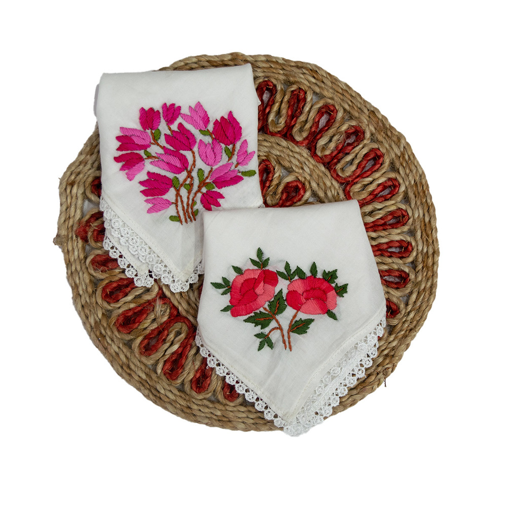 White Pure Cotton Hand embroidered Women's Handkerchiefs-Pink Tulip and Red Rose Design-Set of 2