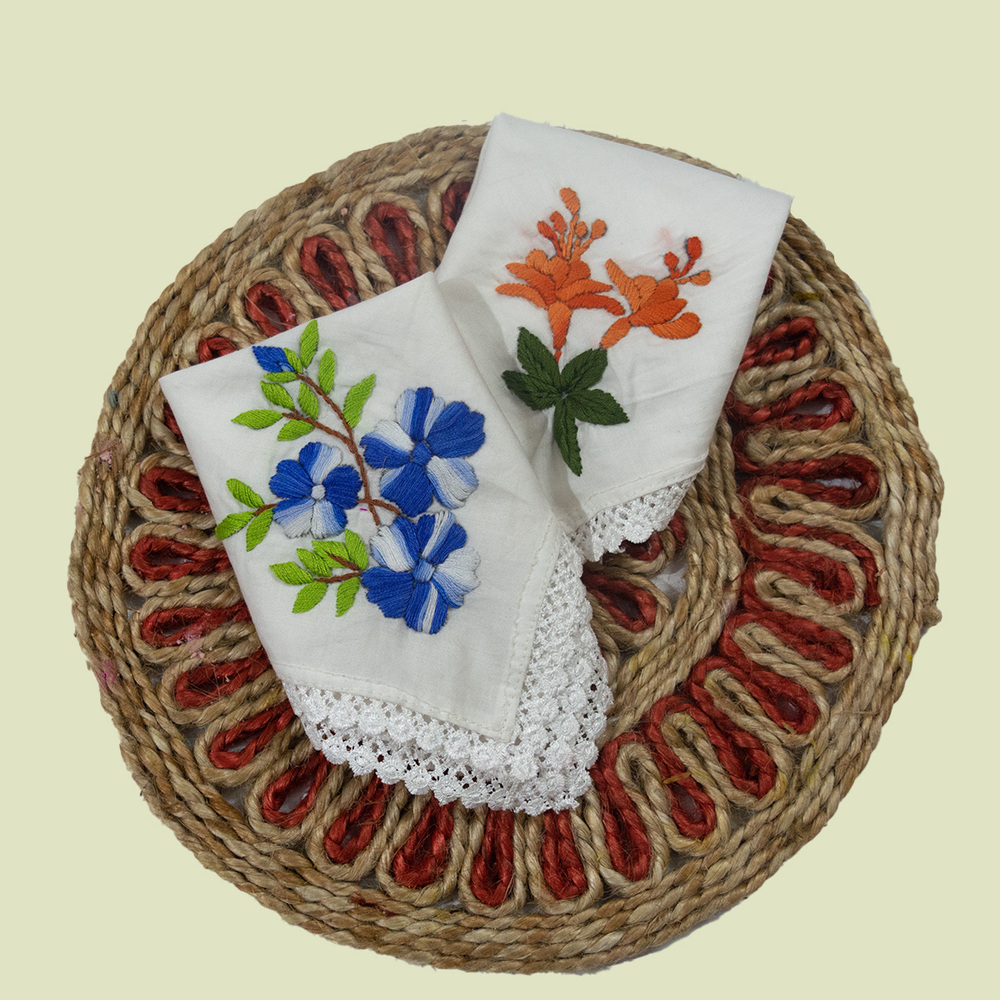White Pure Cotton Hand embroidered Women's Handkerchiefs-Orange Hibiscus and Blue Periwinkle Design-Set of 2