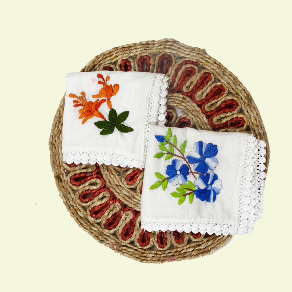 White Pure Cotton Hand embroidered Women's Handkerchiefs-Orange Hibiscus and Blue Periwinkle Design-Set of 2 - Image 2