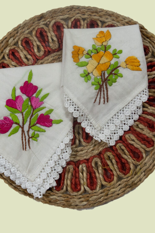 White Pure Cotton Hand embroidered Women’s Handkerchiefs-Pink and Yellow Daisy Design-Set of 2