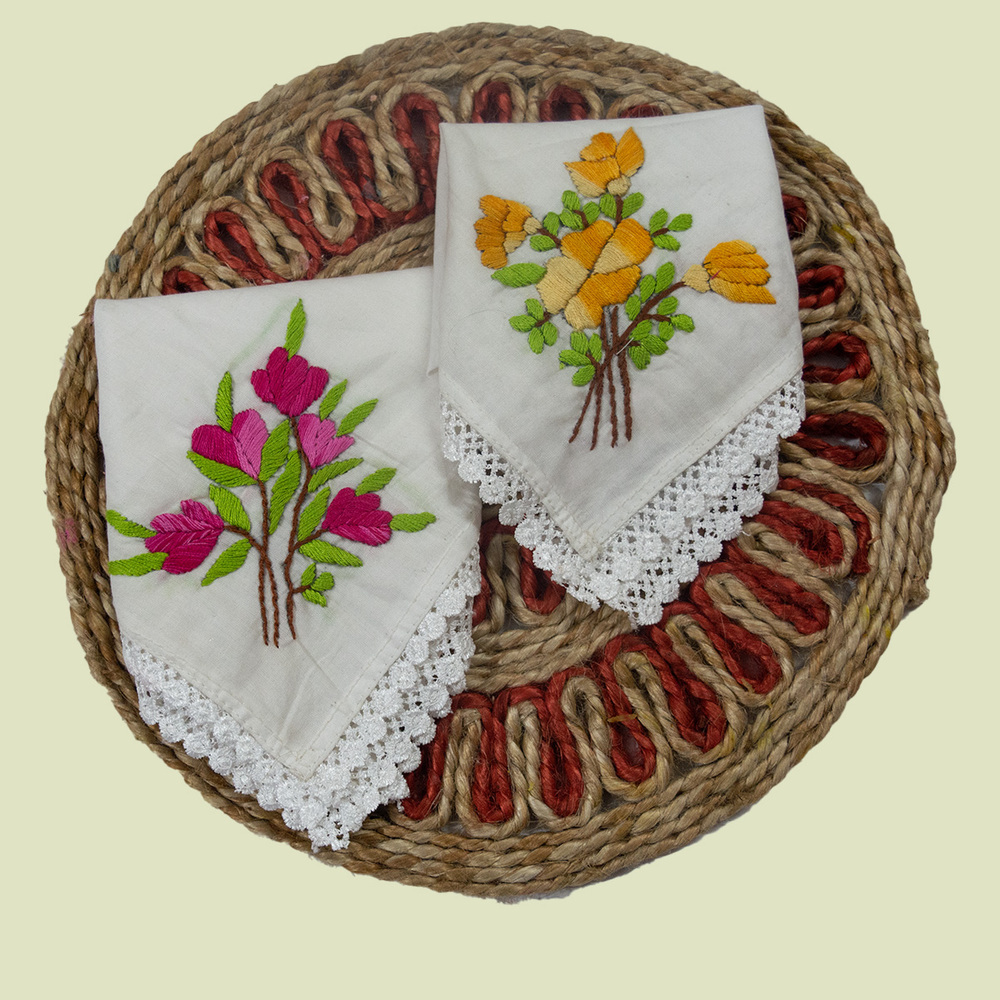White Pure Cotton Hand embroidered Women's Handkerchiefs-Pink and Yellow Daisy Design-Set of 2