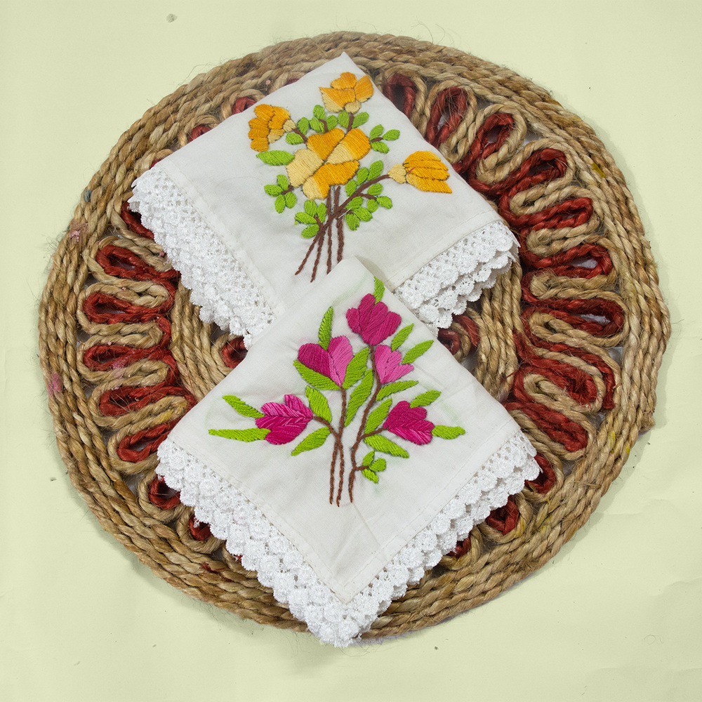 White Pure Cotton Hand embroidered Women's Handkerchiefs-Pink and Yellow Daisy Design-Set of 2 - Image 2