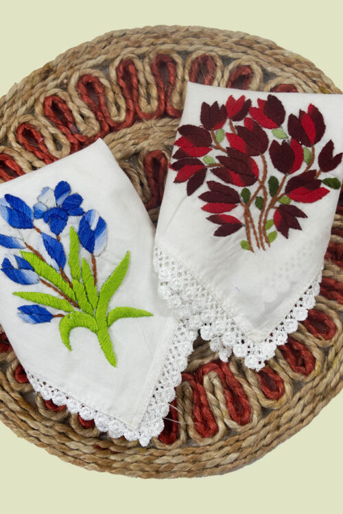 White Pure Cotton Hand embroidered Women’s Handkerchiefs-Blue and Maroon Tulip Design-Set of 2
