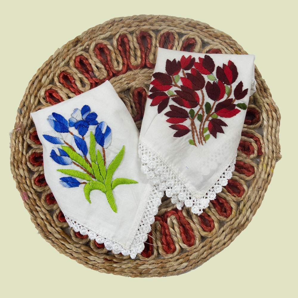 White Pure Cotton Hand embroidered Women’s Handkerchiefs-Blue and Maroon Tulip Design-Set of 2