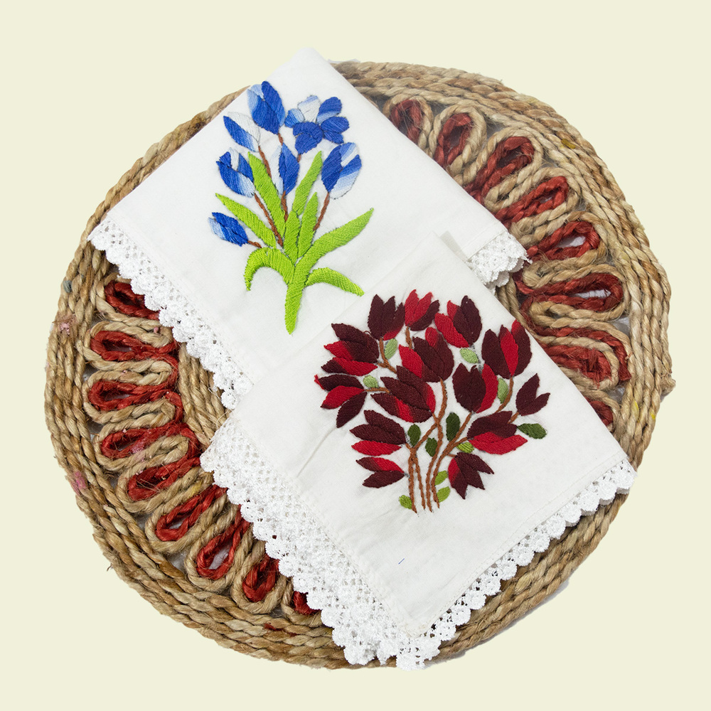 White Pure Cotton Hand embroidered Women's Handkerchiefs-Blue and Maroon Tulip Design-Set of 2 - Image 2