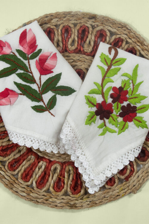 White Pure Cotton Hand embroidered Women’s Handkerchiefs-Pink Tulip and Maroon Daisy Design-Set of 2