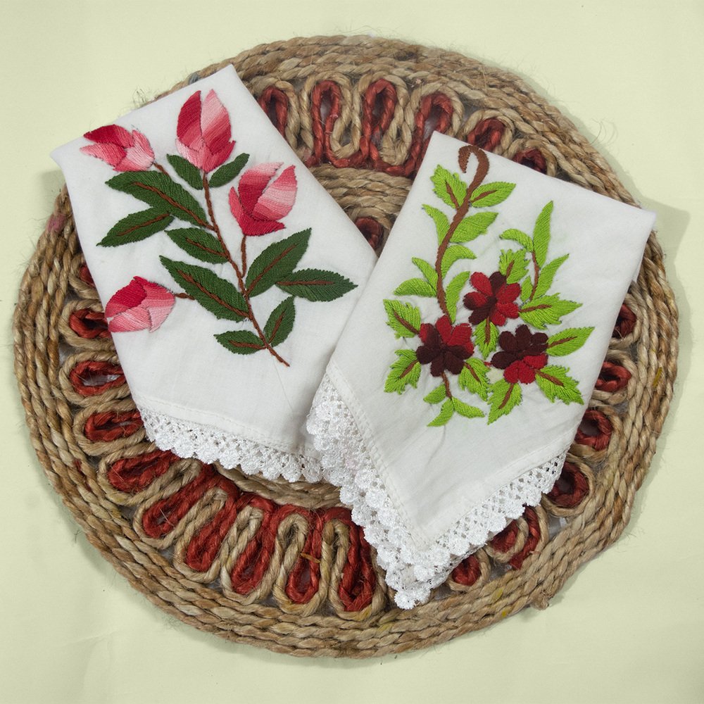 White Pure Cotton Hand embroidered Women’s Handkerchiefs-Pink Tulip and Maroon Daisy Design-Set of 2