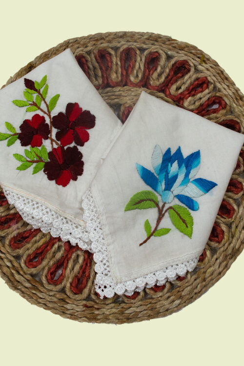 White Pure Cotton Hand embroidered Women’s Handkerchiefs-Blue Lotus and Maroon Daisy Design-Set of 2