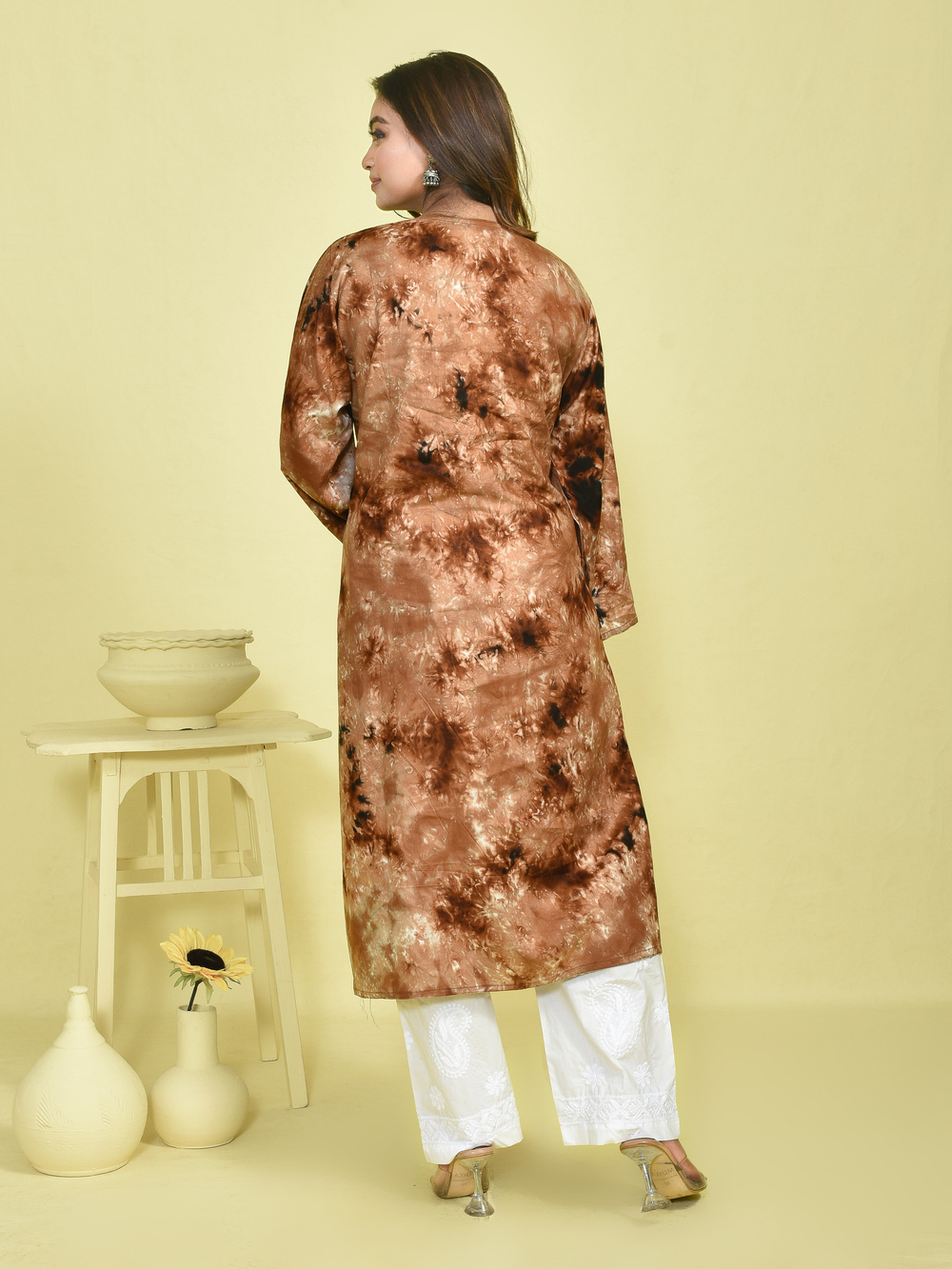 Brown Tie-Dye Chikankari Embroidered Cotton Kurta and Pant Set - Image 3