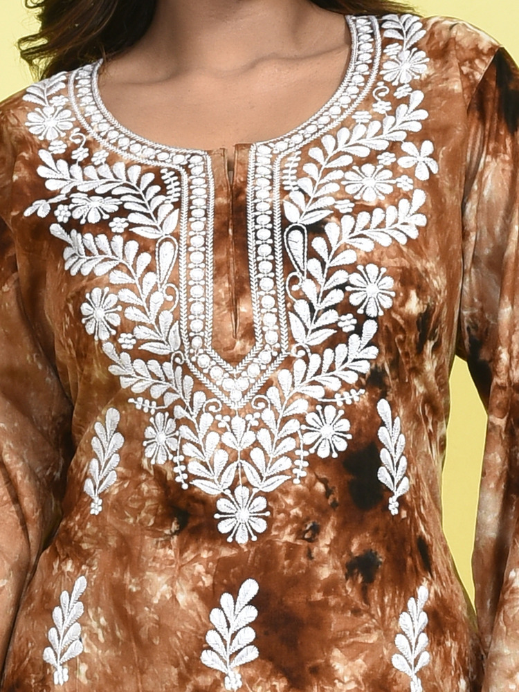 Brown Tie-Dye Chikankari Embroidered Cotton Kurta and Pant Set - Image 6