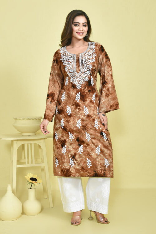 Brown Tie-Dye Chikankari Embroidered Cotton Kurta and Pant Set