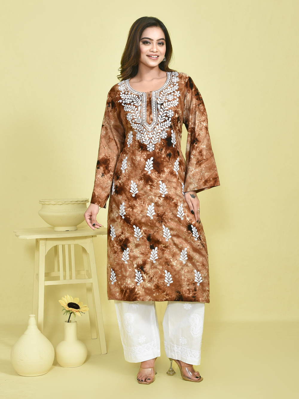 Brown Tie-Dye Chikankari Embroidered Cotton Kurta and Pant Set
