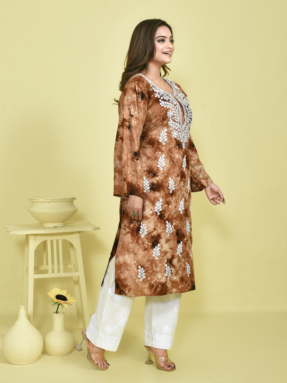 Brown Tie-Dye Chikankari Embroidered Cotton Kurta and Pant Set - Image 4