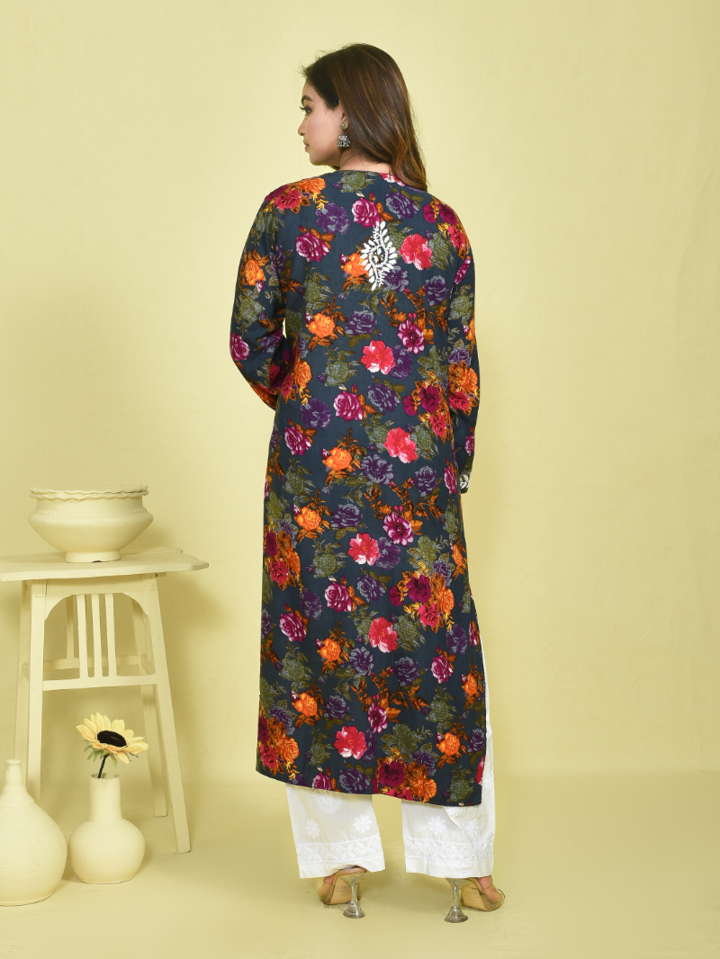 Green Chikankari Work Floral Printed Mulmul Kurta with White Chikankari Embroidered Cotton Pants - Image 4