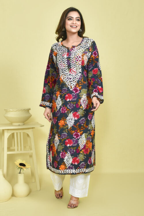 Green Chikankari Work Floral Printed Mulmul Kurta with White Chikankari Embroidered Cotton Pants