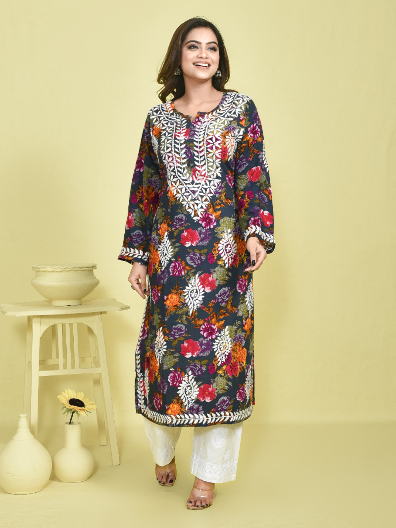 Green Chikankari Work Floral Printed Mulmul Kurta with White Chikankari Embroidered Cotton Pants