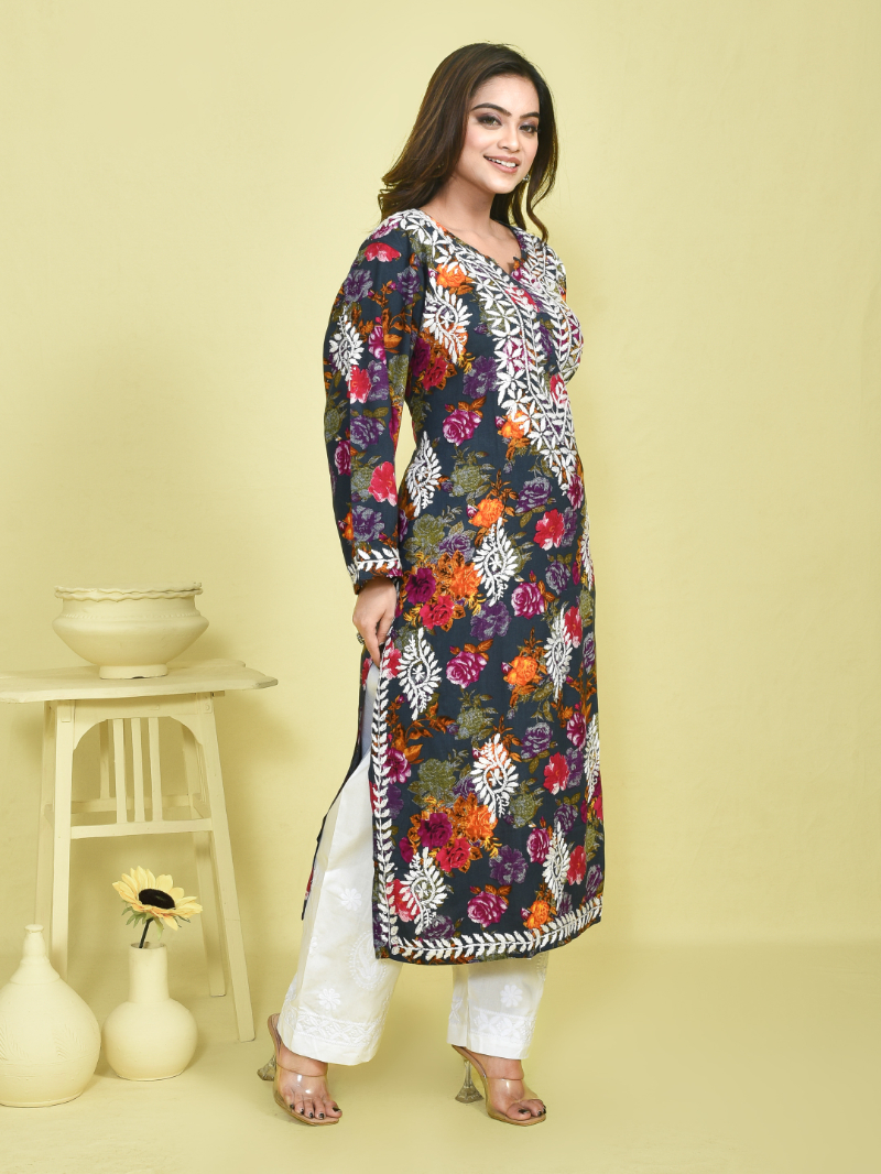 Green Chikankari Work Floral Printed Mulmul Kurta with White Chikankari Embroidered Cotton Pants - Image 2