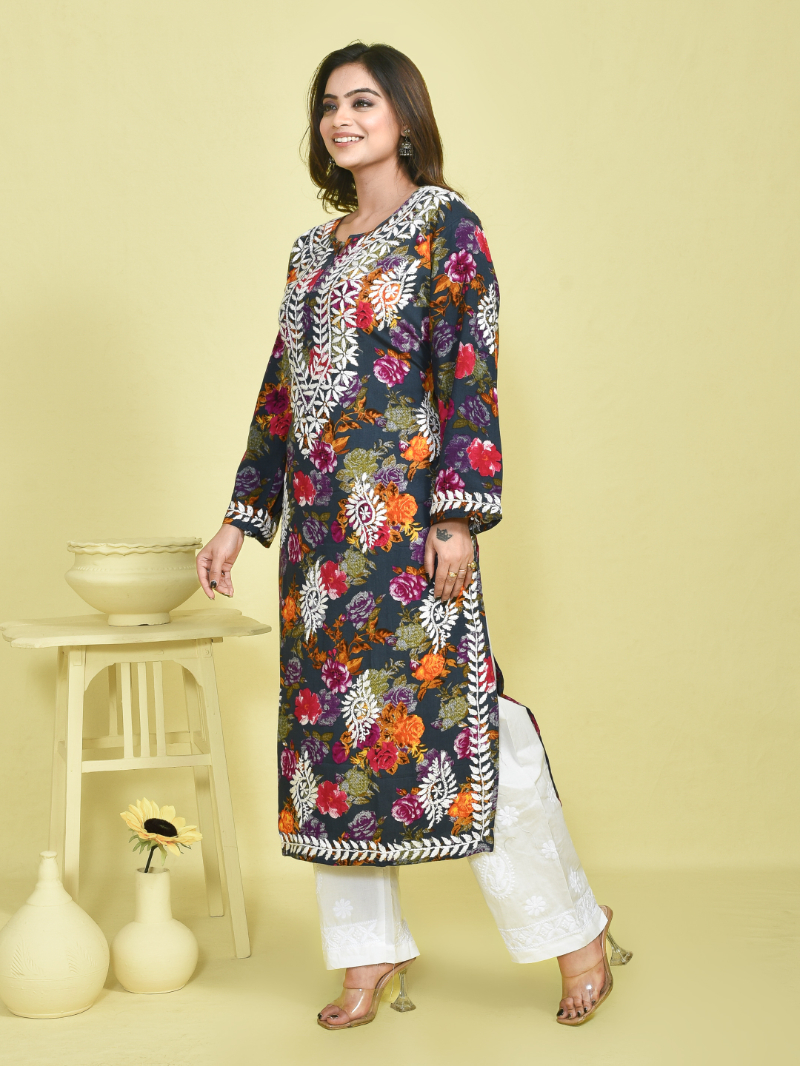 Green Chikankari Work Floral Printed Mulmul Kurta with White Chikankari Embroidered Cotton Pants - Image 3