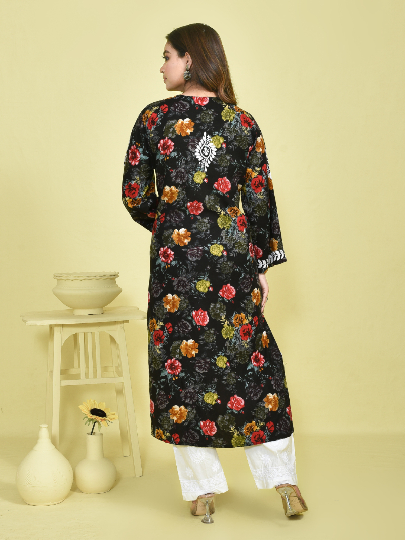 Black Chikankari Work Floral Printed Mulmul Kurta Set with White Chikankari Embroidered Cotton Pants - Image 4