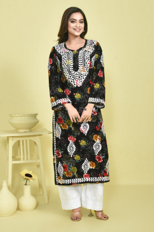 Black Chikankari Work Floral Printed Mulmul Kurta Set with White Chikankari Embroidered Cotton Pants