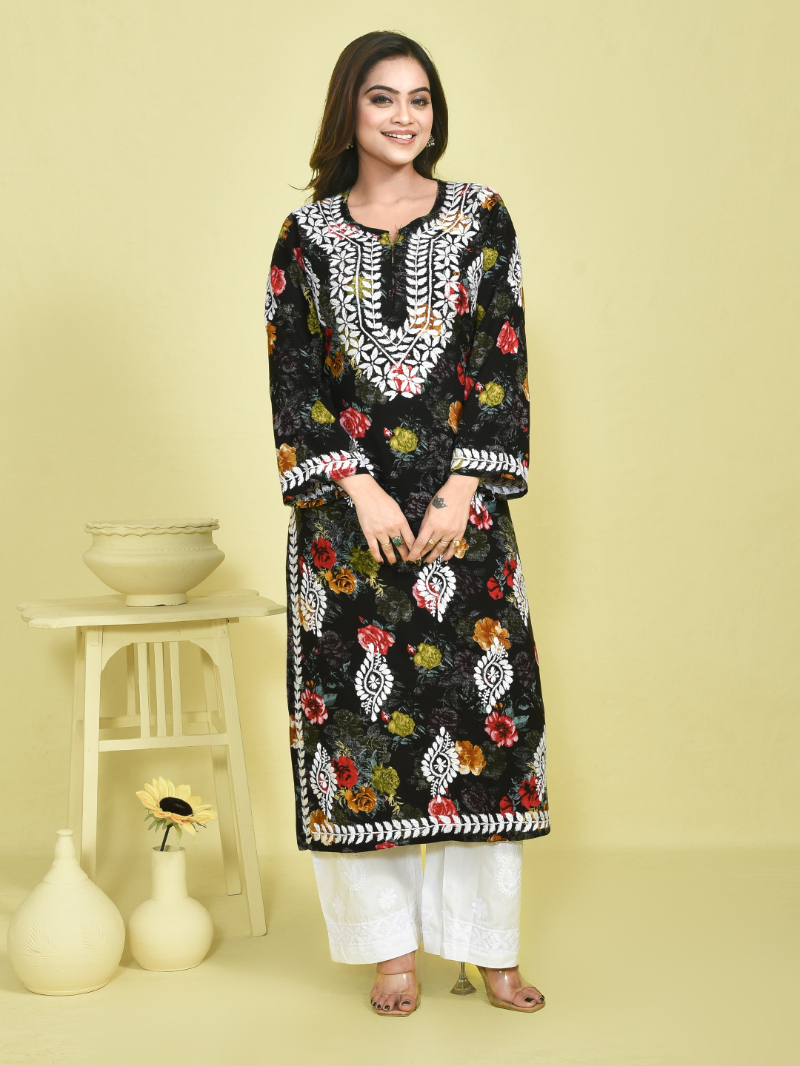 Black Chikankari Work Floral Printed Mulmul Kurta Set with White Chikankari Embroidered Cotton Pants