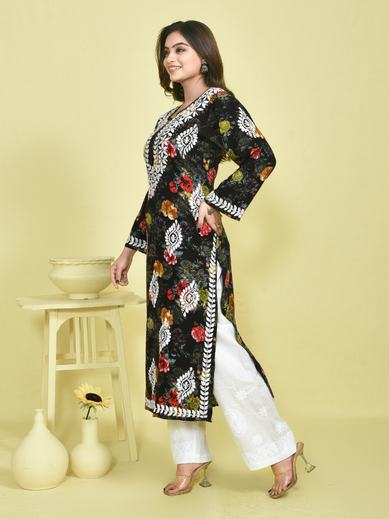 Black Chikankari Work Floral Printed Mulmul Kurta Set with White Chikankari Embroidered Cotton Pants - Image 3