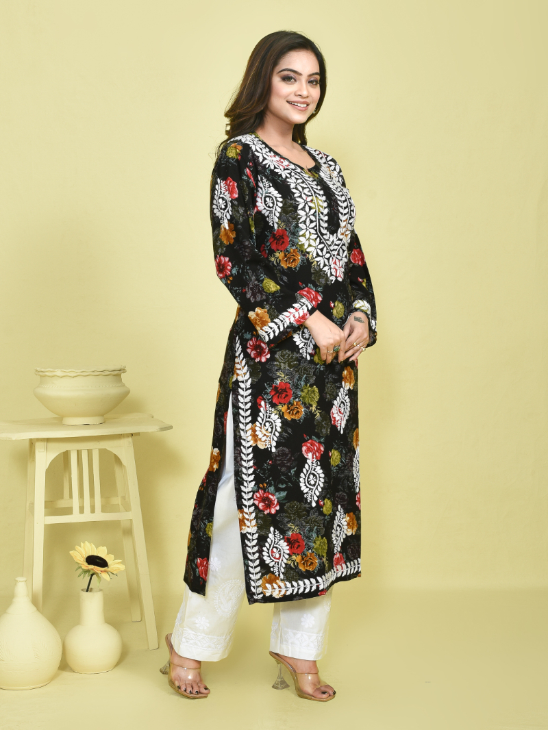 Black Chikankari Work Floral Printed Mulmul Kurta Set with White Chikankari Embroidered Cotton Pants - Image 2