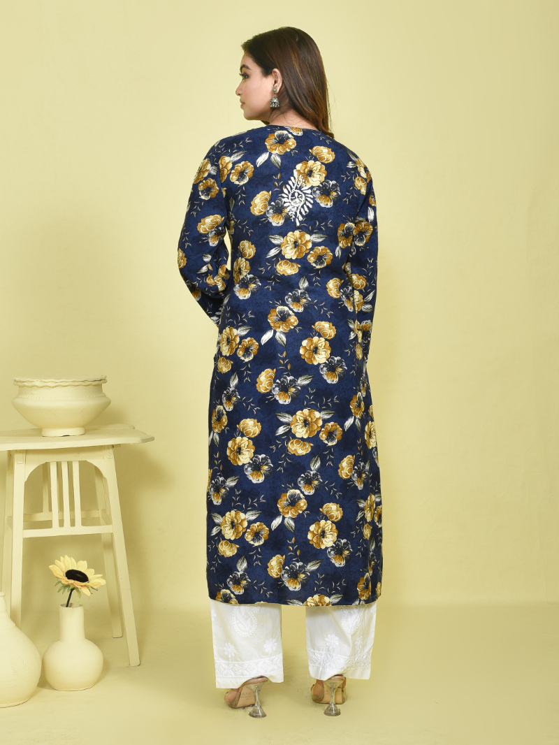 Grey Chikankari Work Floral Printed Mulmul Kurta Set with White Chikankari Embroidered Cotton Pants - Image 4