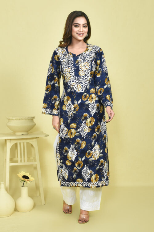Grey Chikankari Work Floral Printed Mulmul Kurta Set with White Chikankari Embroidered Cotton Pants