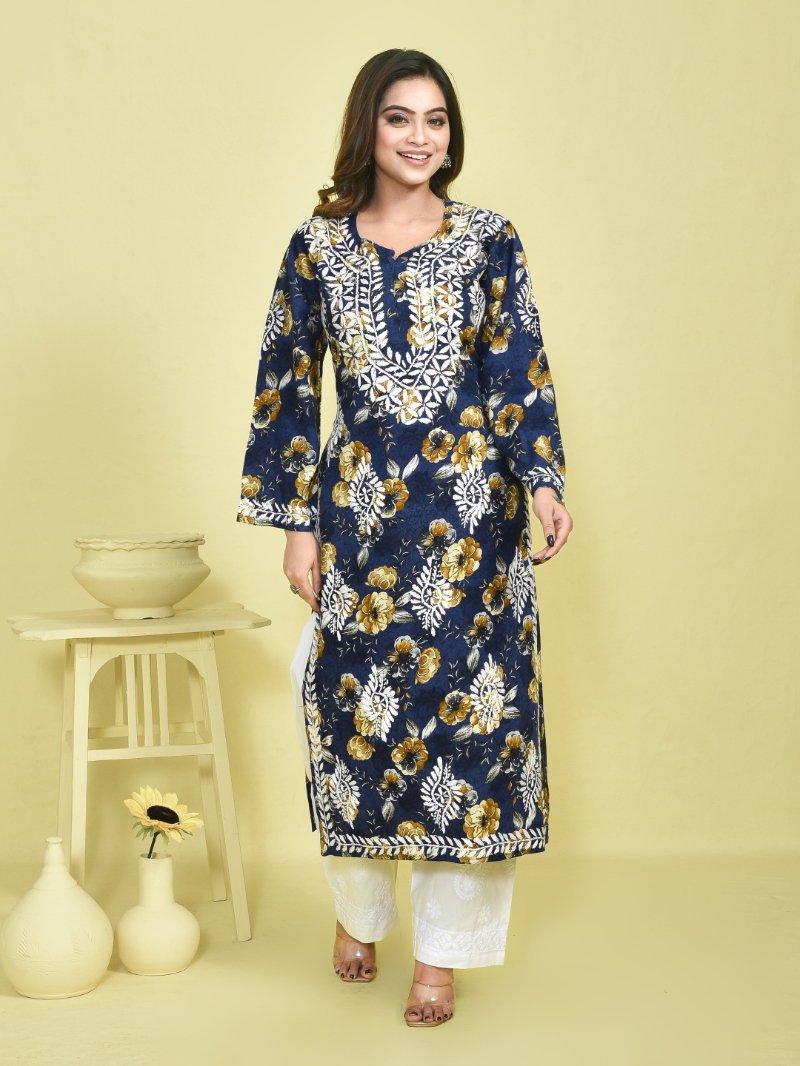 Grey Chikankari Work Floral Printed Mulmul Kurta Set with White Chikankari Embroidered Cotton Pants